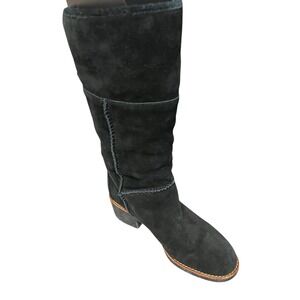 Coach Turnlock Patch Suede Sherpa Lining Boho Comfort Pull On Black Boots 7.5